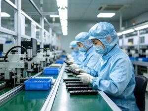 Worker assembling remote controls on production line